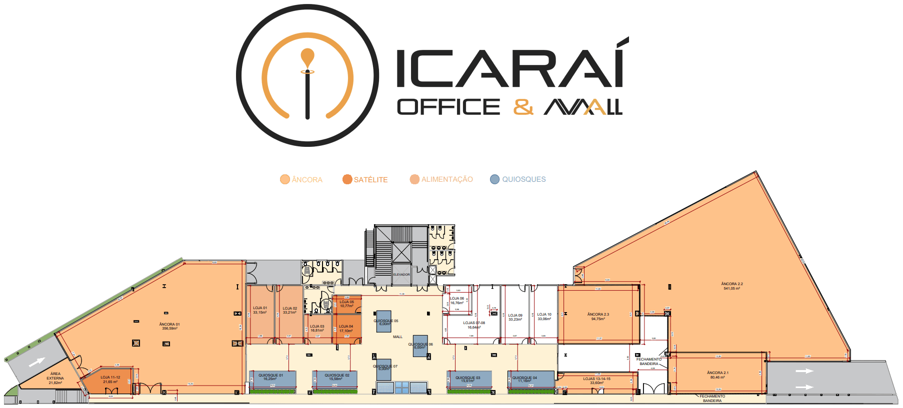 Planta comercial das lojas do térreo do Icaraí Office & Mall